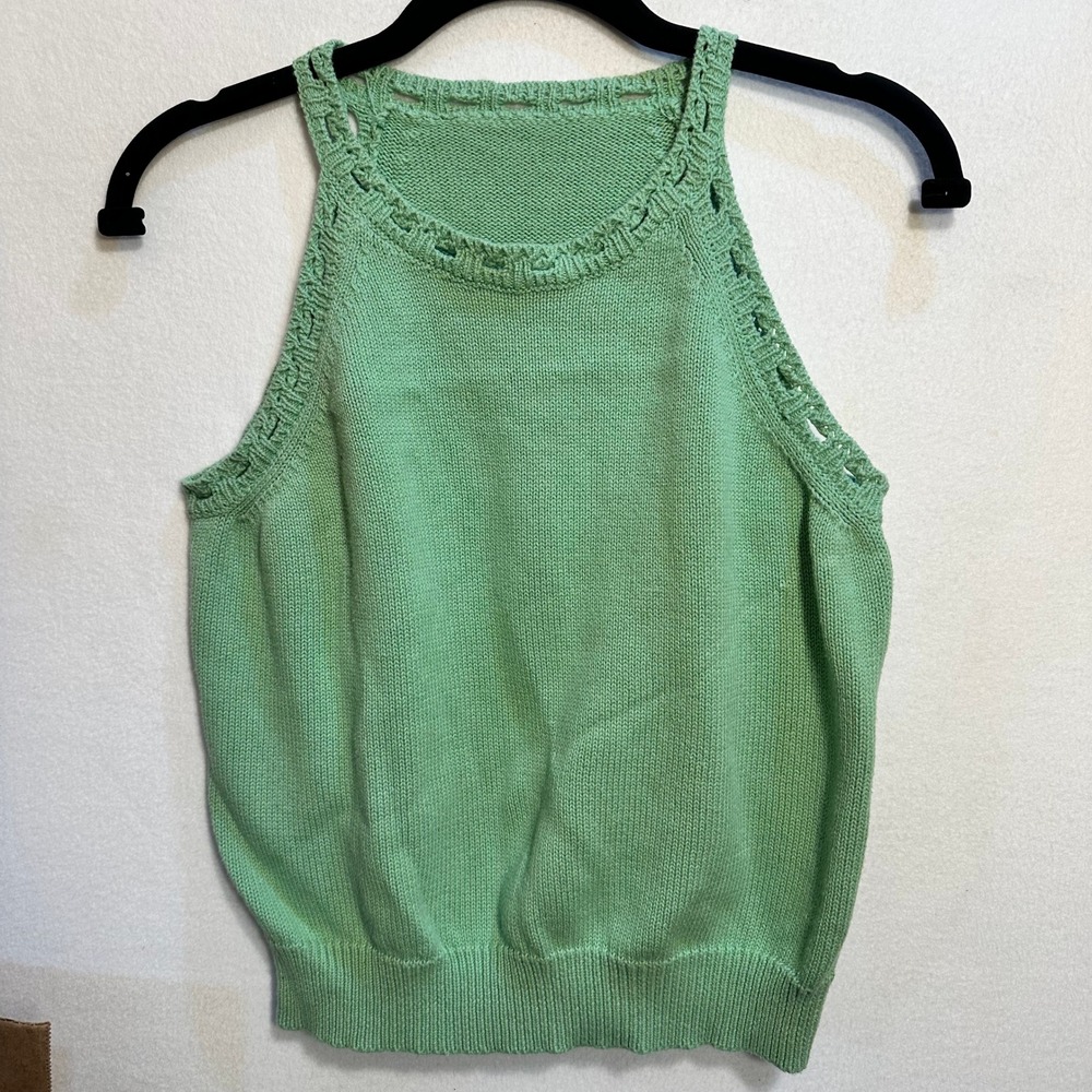 VTG Mint Green Knit Tank Top Womens Openwork Crochet Y2K 90s Boho Cottagecore